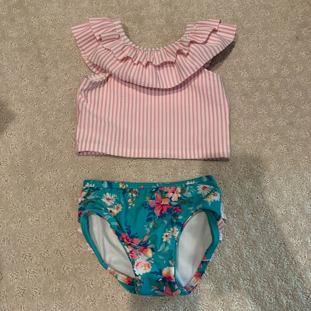 Ruffle Butts Pink and Teal Kids Swim Bikini